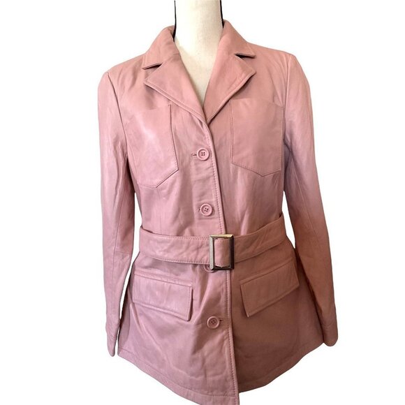 Genuine leather button up pink jacket with belt women size Small - Picture 4 of 13
